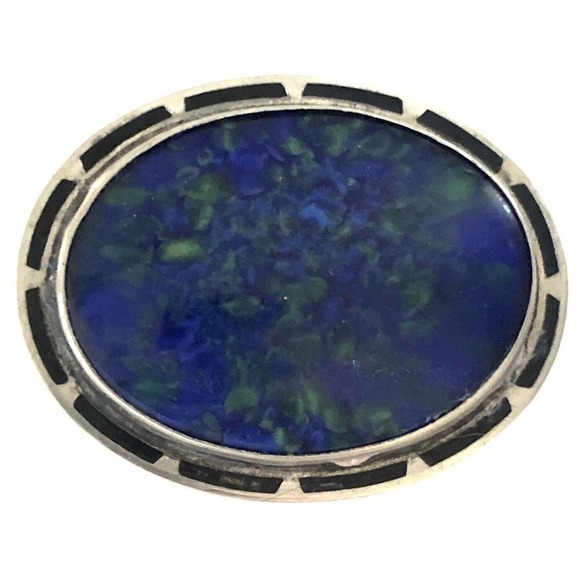 Vintage Blue Green Art Glass Sterling Silver Brooch Oval Art Deco 925 - Picture 1 of 6